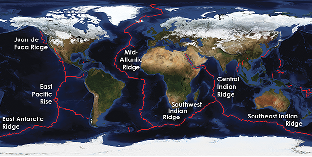 The 65,000 km mid-ocean ridge system is the result of tectonic plates separ...